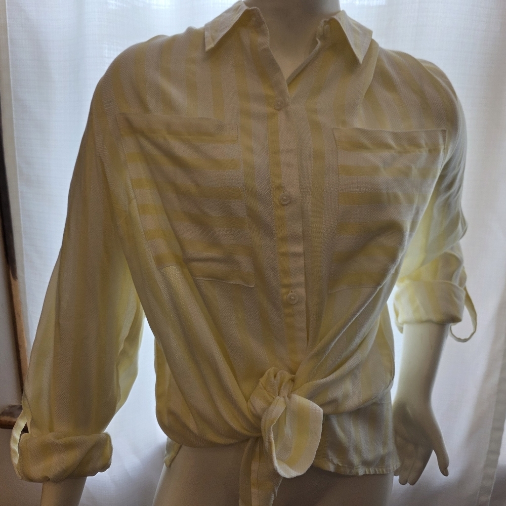 Light Yellow Stripe Tie-Front Women's Shirt